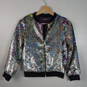 JoJos Closet Rainbow Sequin Bomber Jacket Size 10/12 Large